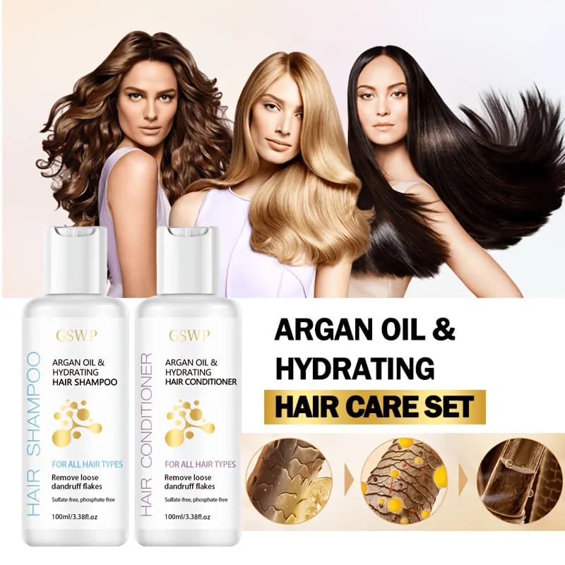 Ensemble shampoing et après-shampoing hydratant à l'huile d'argan GSWP. Hydratation intense