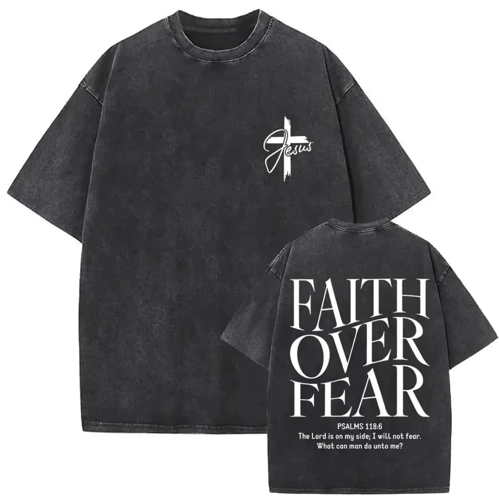 T-shirt chrétien pour hommes Faith Over Fear, en coton lavé, vintage, avec impression de versets des Psaumes 118:6 et croix de Jésus, style Harajuku, haut d'été streetwear