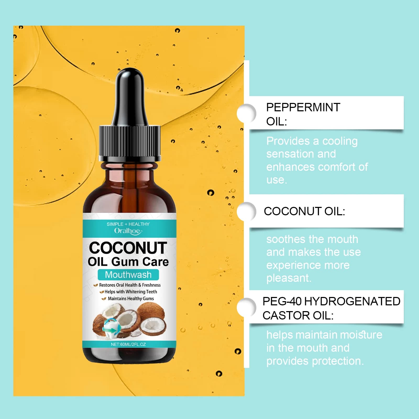 Huile de traction de menthe de noix de coco, bain de bouche, dissolvant de taches de dents sans alcool, blanchiment des odeurs, haleine fraîche, hygiène buccale