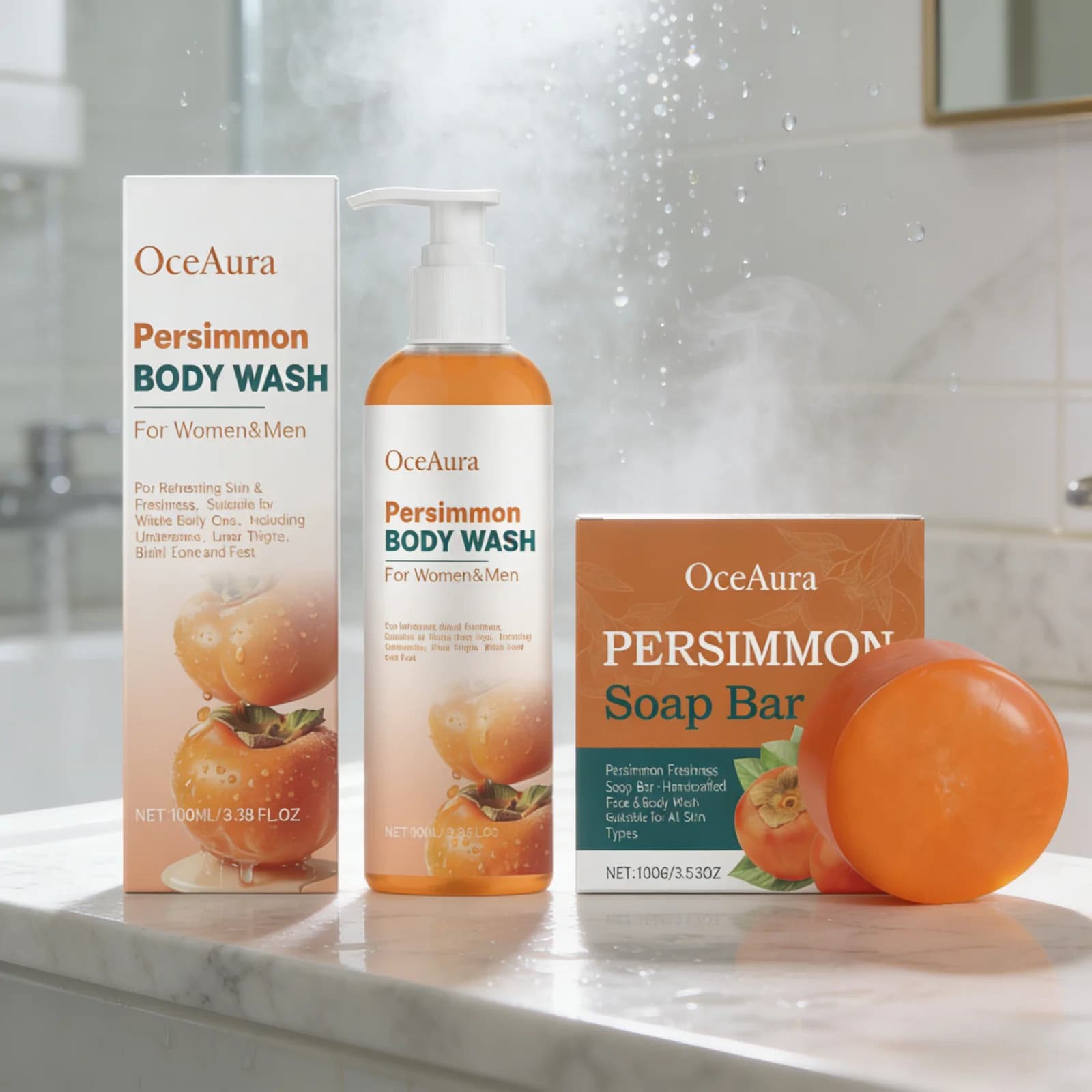 Ensemble de gel douche OceAura Persimmon, mousse riche, adoucit la peau, nettoyage en profondeur, parfum longue durée, extraits de fruits naturels, savon en barre