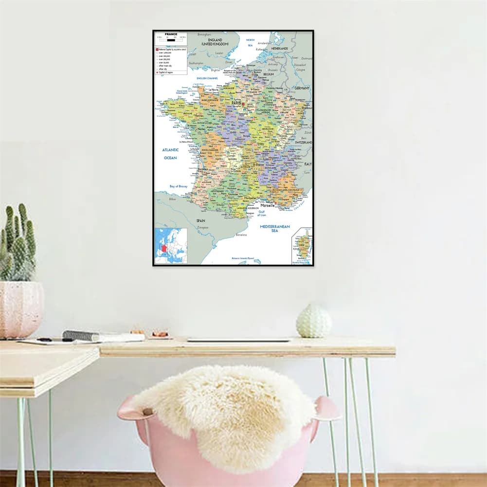 Carte administrative de la France, affiche non encadrée, impressions artistiques pour la maison, la salle, le bureau, fournitures éducatives
