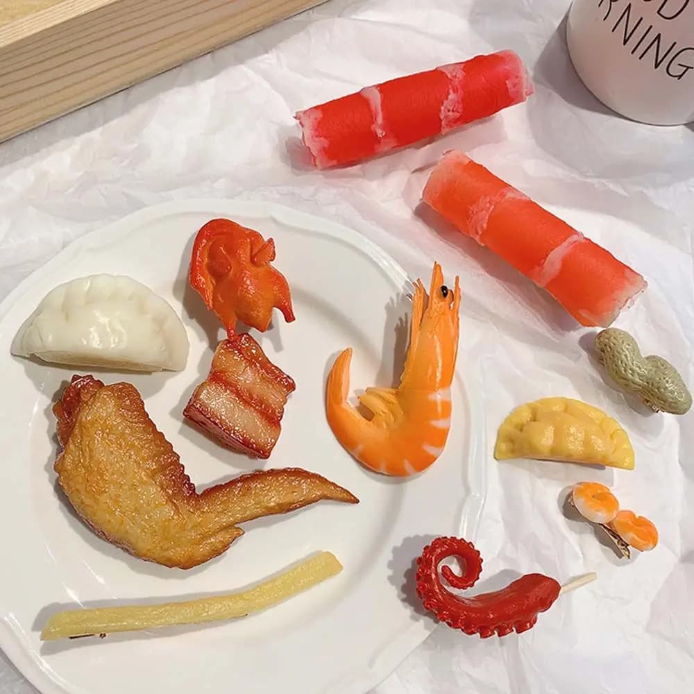Barrettes et pinces à cheveux pour femmes, style coréen, motifs calmar, rouleaux de bœuf, dumpling, ventre de porc, crevettes Kewei, fast-food