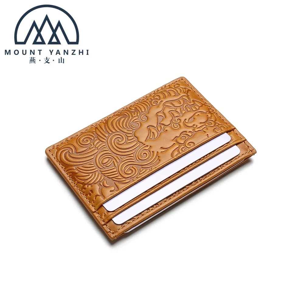 Porte-cartes ultra-fin en cuir véritable pour homme, style rétro, en cuir huilé et ciré, gaufré, étui à cartes monobloc, logo imprimable
