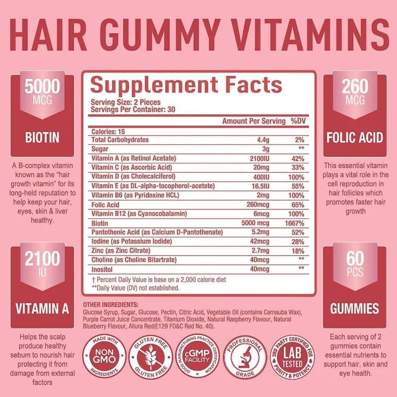 Bonbons gélifiés à la biotine pour la santé des cheveux, bonbons mous à mâcher riches en nutriments, nourrissent les cheveux, les ongles et la peau, complément beauté quotidien