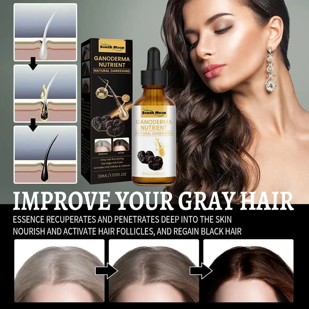 Sérum anti-cheveux gris au Ganoderma - Huile naturelle pour assombrir les cheveux, traitement nourrissant du cuir chevelu pour restaurer la couleur noire des cheveux et réduire les cheveux gris