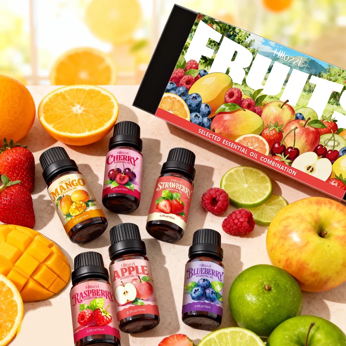 Ensemble d'huiles essentielles aux fruits, avec une variété de parfums de fruits colorés, adapté à toutes les occasions et également un excellent cadeau.