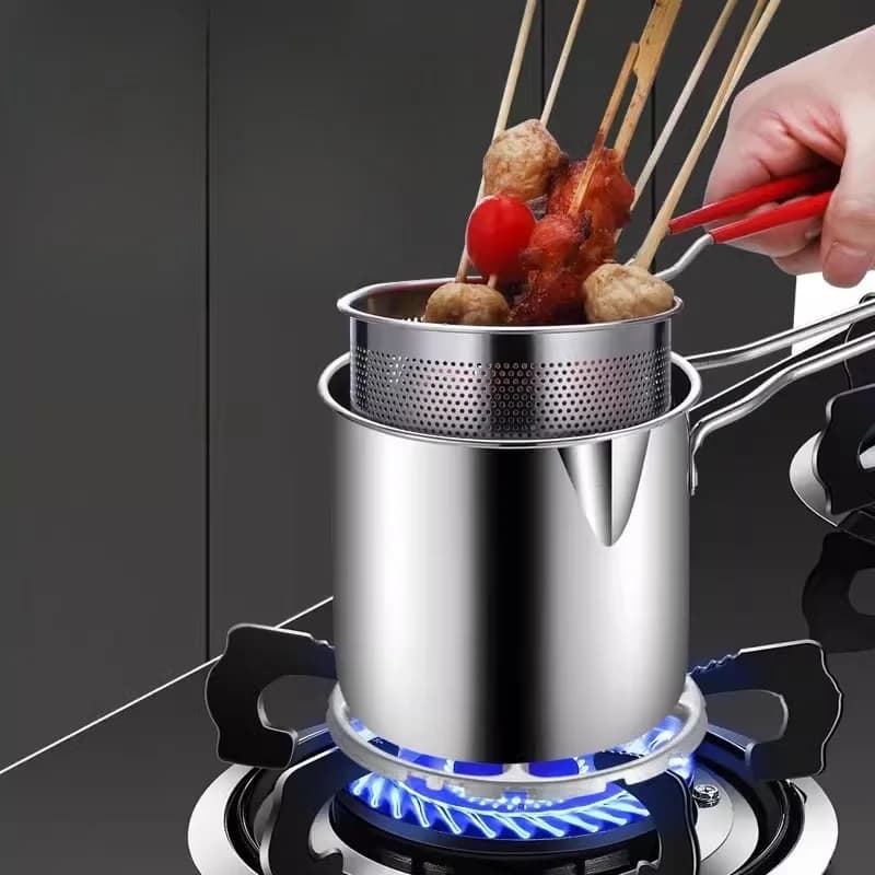 Petit Pot de friteuse en acier inoxydable de 1200ml, avec longue poignée et panier de passoire, économie d'huile pour cuisinière à Induction, cuisinière à gaz pour la maison