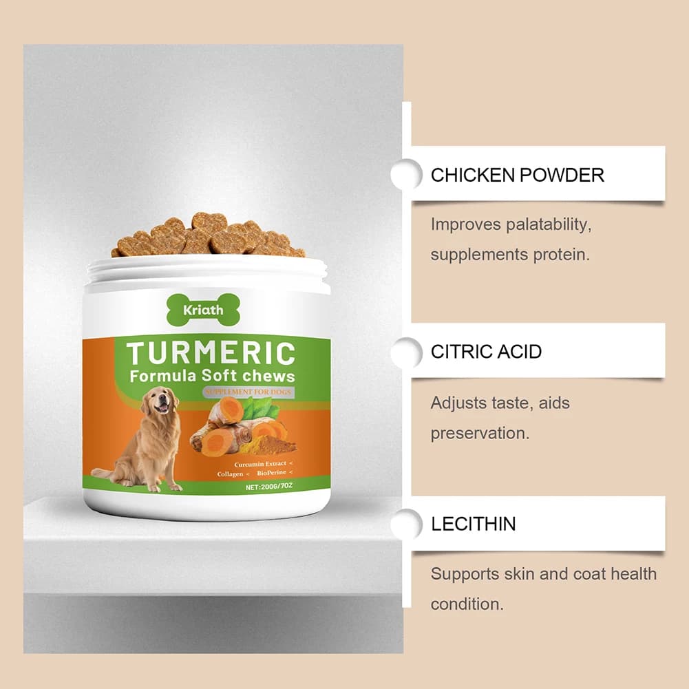 200g de friandises molles bio au curcuma pour chiens, avec curcumines, supplément articulaire au collagène, élimine les douleurs et l'inflammation des articulations