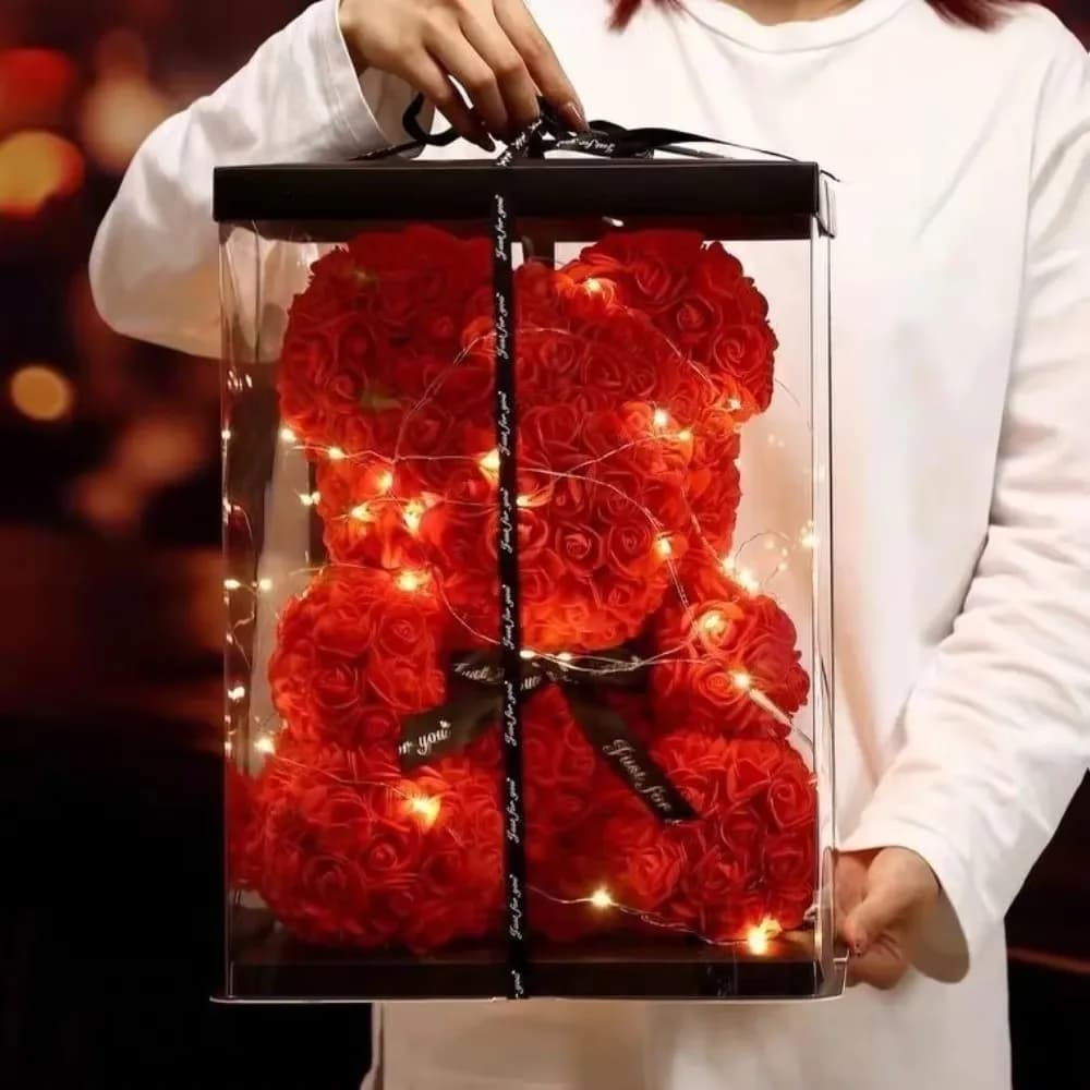 Ours en fleurs artificielles en forme de rose Teddy de 25 cm avec boîte