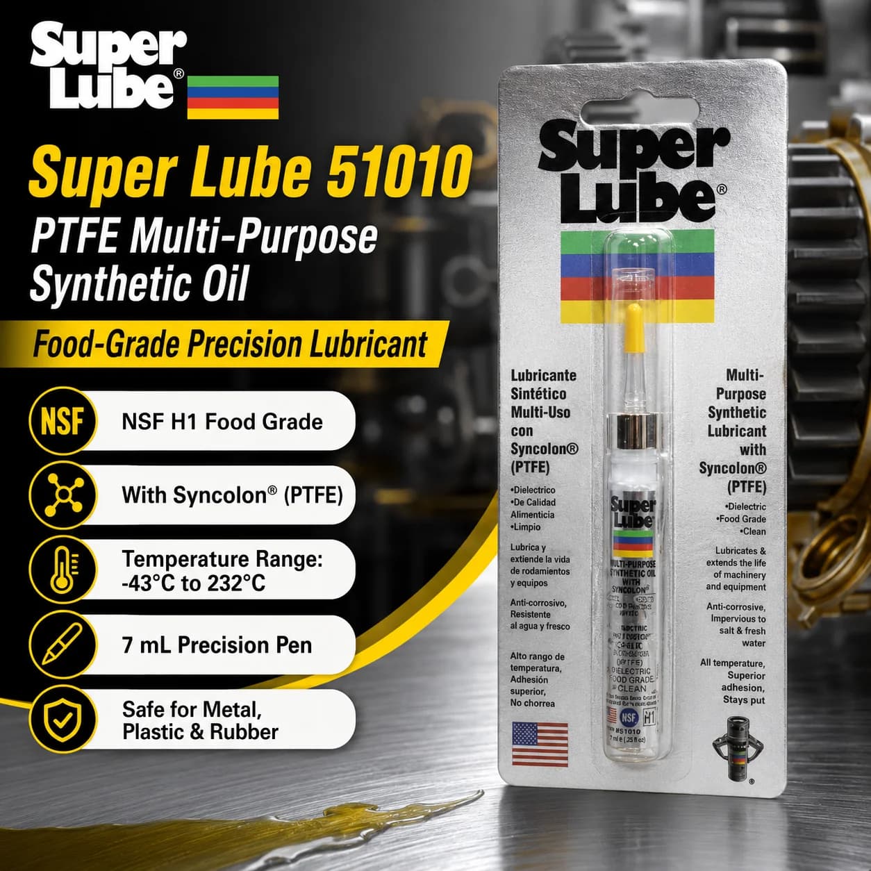 Huile synthétique multi-usages originale Super Lube 51010 PTFE pour graissage de précision des roulements