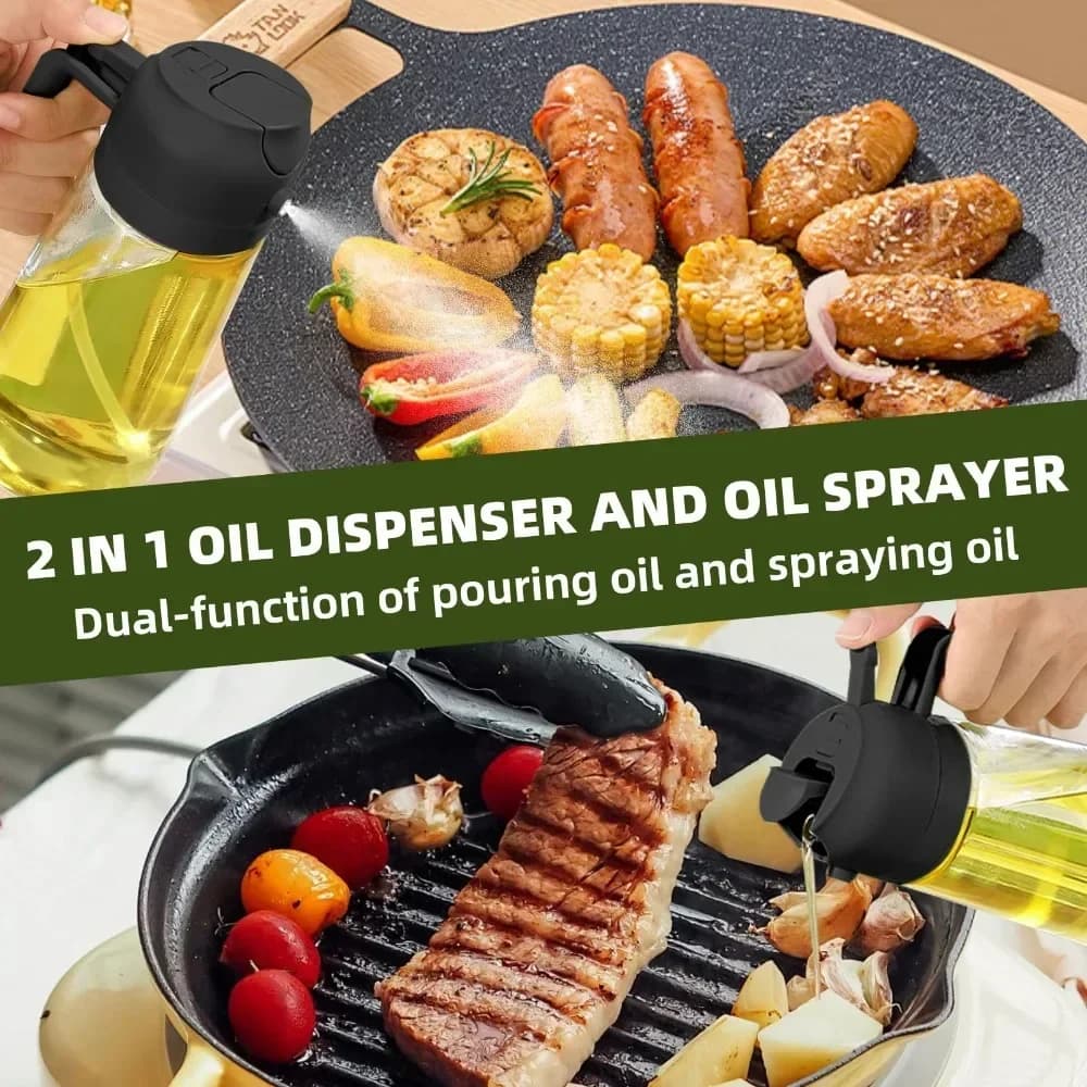 Bouteille Distributrice d'Huile d'Olive 2-en-1, Pulvérisateur d'Huile en Plastique 500ml, Réservoir de Pulvérisation d'Huile de Cuisson, Outils de Cuisine pour BBQ, Pâtisserie, Pique-nique, 1 pièce, 2