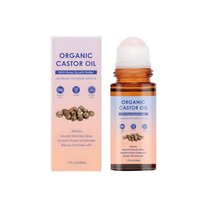 Huile de ricin biologique avec applicateur à bille en quartz rose, 100 % pure, pressée à froid, sans