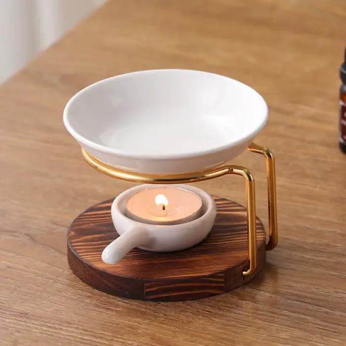Brûleur d'huiles essentielles et chauffe-cire en métal et céramique avec base en bois pratique pour