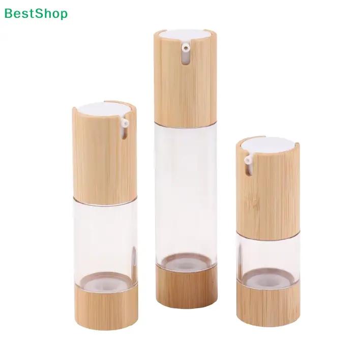 Bouteilles à pompe sans air en bambou et verre - Contenants de voyage rechargeables pour les soins de la peau et les cosmétiques