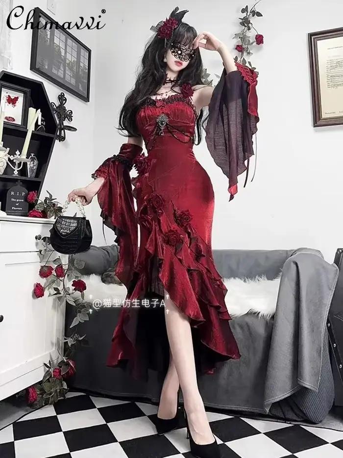 Robe queue de poisson Rose rouge pour femmes, nouvelle collection printemps été Lolita douce et Sexy pour filles, Slim Goth, mi-longue, robe à bretelles avec manches à main