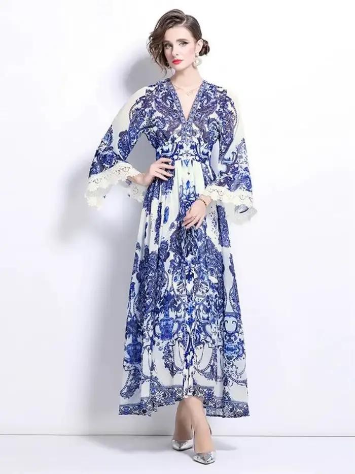 Robe Longue en Porcelaine Bleue et Blanche pour Femme, Sexy, Col en V, Dentelle, Épissure, Mousseline de Soie, Manches Évasées, Vacances, Boho, Éducatif, 2025