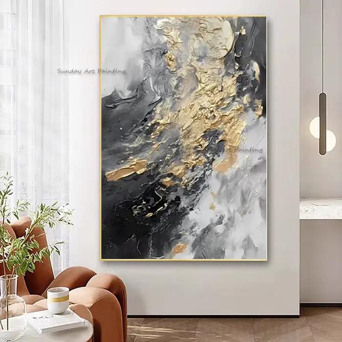 Noir blanc Beige abstrait Simple mur Art décor pour chambre Hall dessiné à la main or noir gris peinture à l'huile Original œuvre décor