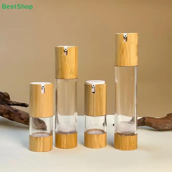 Bouteilles à pompe sans air en bambou et verre - Contenants de voyage rechargeables pour les soins de la peau et les cosmétiques