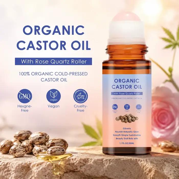 Huile de ricin biologique avec applicateur à bille en quartz rose