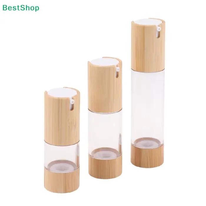 Bouteilles à pompe sans air en bambou et verre - Contenants de voyage rechargeables pour les soins de la peau et les cosmétiques