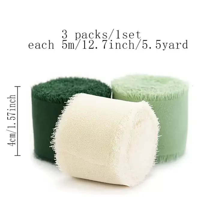 3 rouleaux de ruban de soie en mousseline de soie à franges faites à la main, ensemble de rubans blancs et verts pour emballage de cadeaux de mariage, décorations DIY