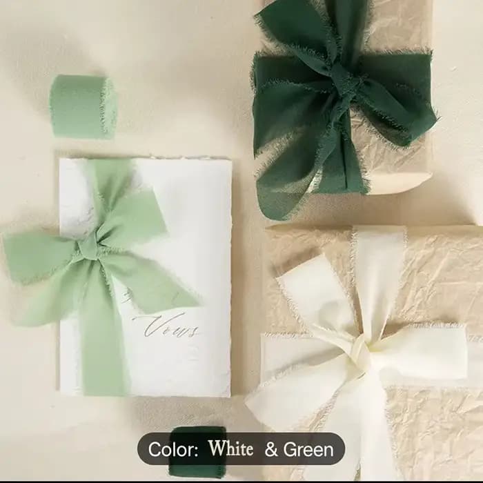 3 rouleaux de ruban de soie en mousseline de soie à franges faites à la main, ensemble de rubans blancs et verts pour emballage de cadeaux de mariage, décorations DIY
