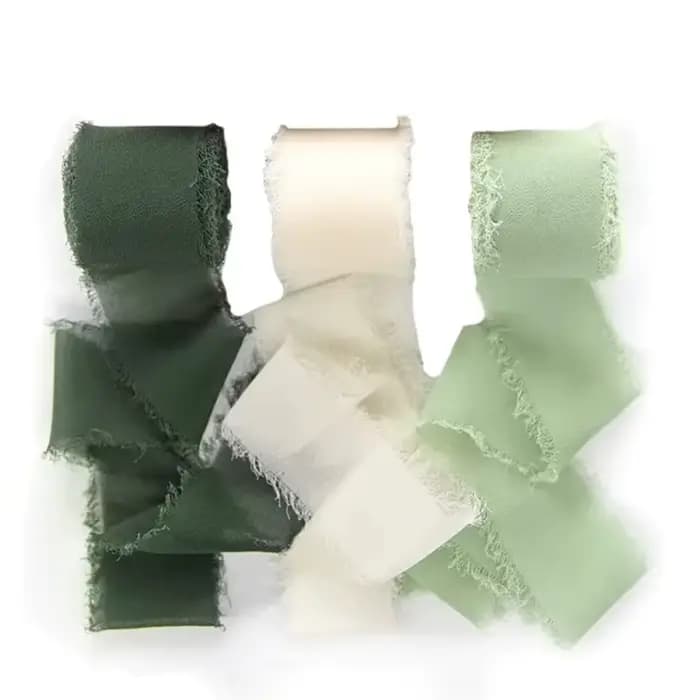 3 rouleaux de ruban de soie en mousseline de soie à franges faites à la main, ensemble de rubans blancs et verts pour emballage de cadeaux de mariage, décorations DIY