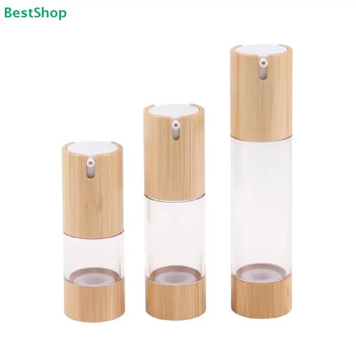 Bouteilles à pompe sans air en bambou et verre - Contenants de voyage rechargeables pour les soins de la peau et les cosmétiques