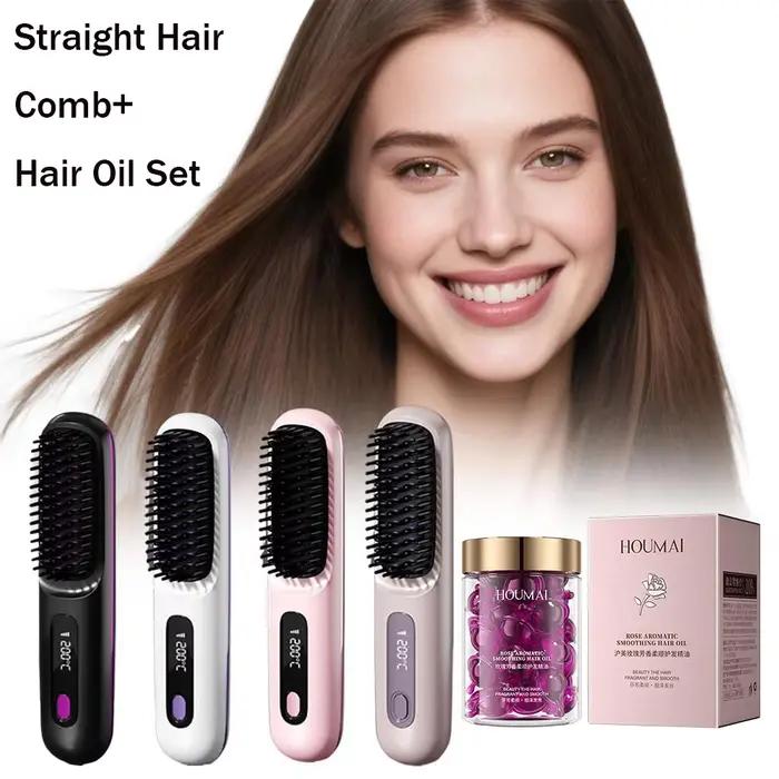 Huile essentielle de soin capillaire parfumée à la Rose et peigne droit à ions négatifs sans fil-ensemble de soins capillaires nourrissants longue durée coiffant pour marié