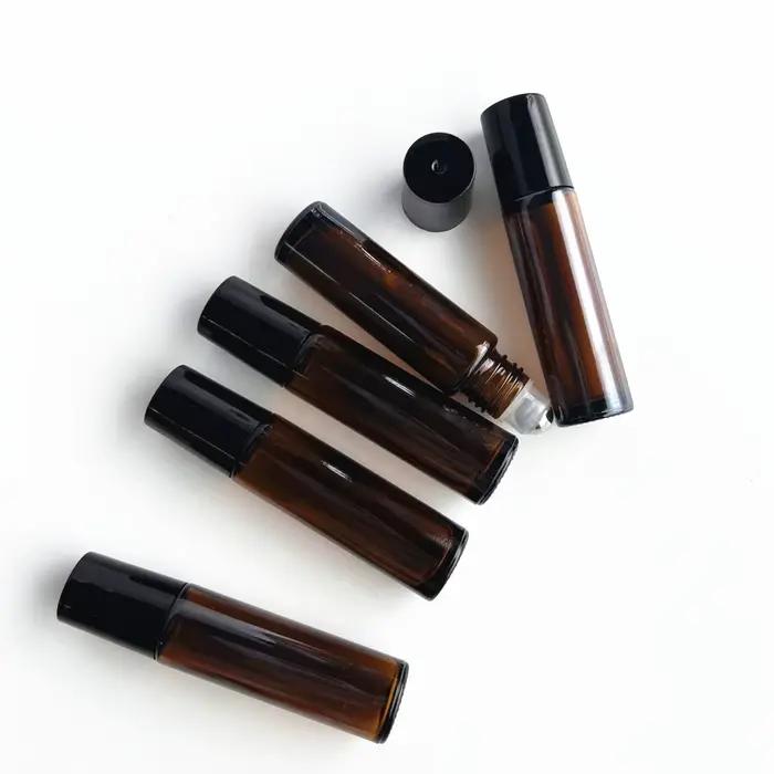Lot de 5 flacons roll-on vides de 10 ml en verre ambré épais avec bille roulante en acier pour huiles essentielles et parfums – Recharge aromathérapie