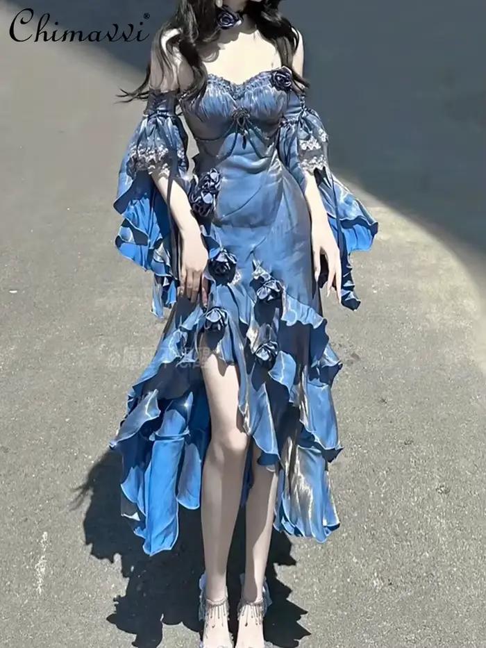 Robe queue de poisson Rose rouge pour femmes, nouvelle collection printemps été Lolita douce et Sexy pour filles, Slim Goth, mi-longue, robe à bretelles avec manches à main