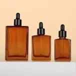  Flacon compte-gouttes d'huile essentielle rectangulaire à épaule plate ambre – Récipient en verre rechargeable de 30 ml/50 ml