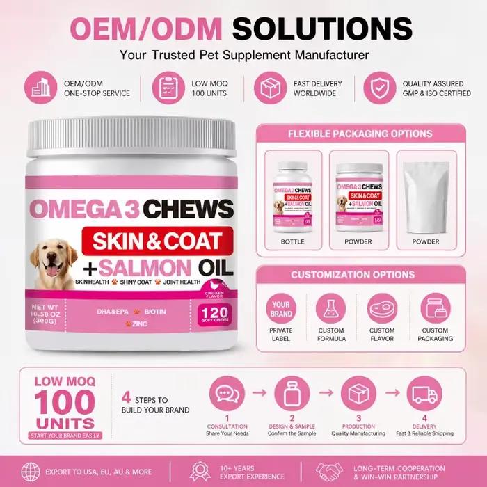 Friandises à mâcher pour chiens à l'huile de saumon Oméga 3 – Soutien Peau et Pelage – Supplément EPA DHA Biotine Zinc pour une Peau Saine et un Pelage Brillant
