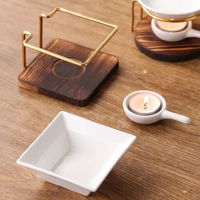 Brûleur d'huiles essentielles et chauffe-cire en métal et céramique avec base en bois pratique pour usage domestique