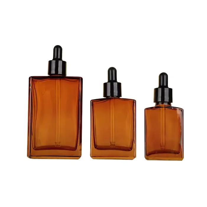  Flacon compte-gouttes d'huile essentielle rectangulaire à épaule plate ambre – Récipient en verre rechargeable de 30 ml/50 ml