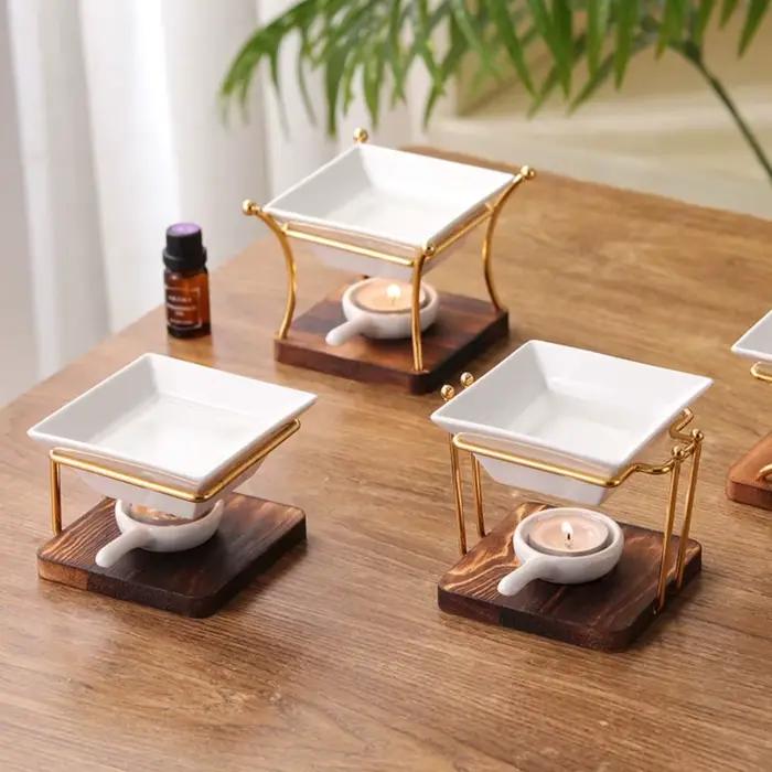 Brûleur d'huiles essentielles et chauffe-cire en métal et céramique avec base en bois pratique pour usage domestique