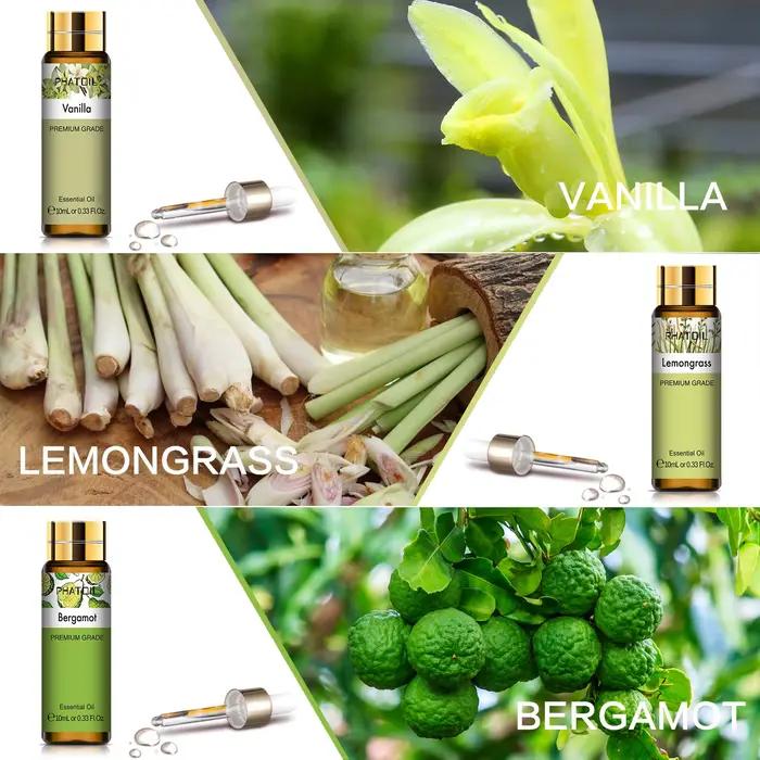 PHATOIL Ensemble de 9 Huiles Essentielles - 10ml Lavande Eucalyptus Vanille Menthe Poivrée Bois de Santal Citronnelle Citronnelle Huiles de Bergamote