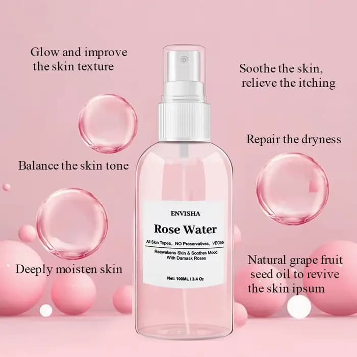 ENVISHA – eau de Rose pour le visage, Toner pour le visage, Essence de pétales de Rose organiques, sérum hydratant, rafraîchit, élastique, rétrécit les Pores, soins pour la peau