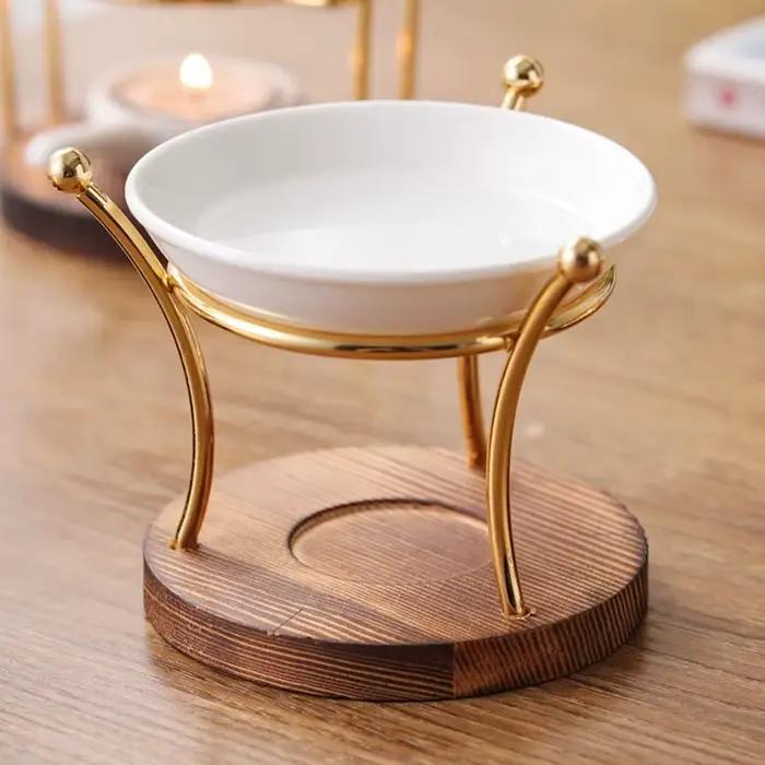 Brûleur d'huiles essentielles et chauffe-cire en métal et céramique avec base en bois pratique pour usage domestique
