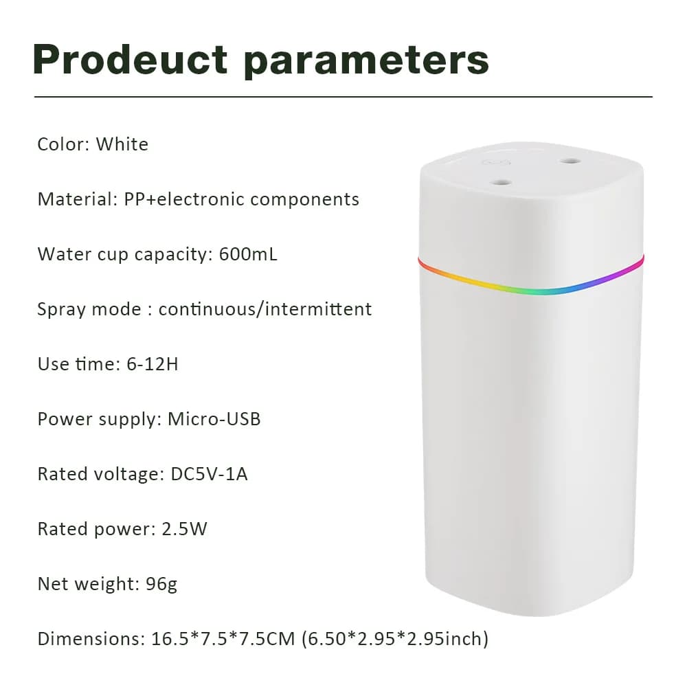 Diffuseur d'huiles essentielles portable USB à brume fraîche nano 600 ml pour la maison, la voiture,