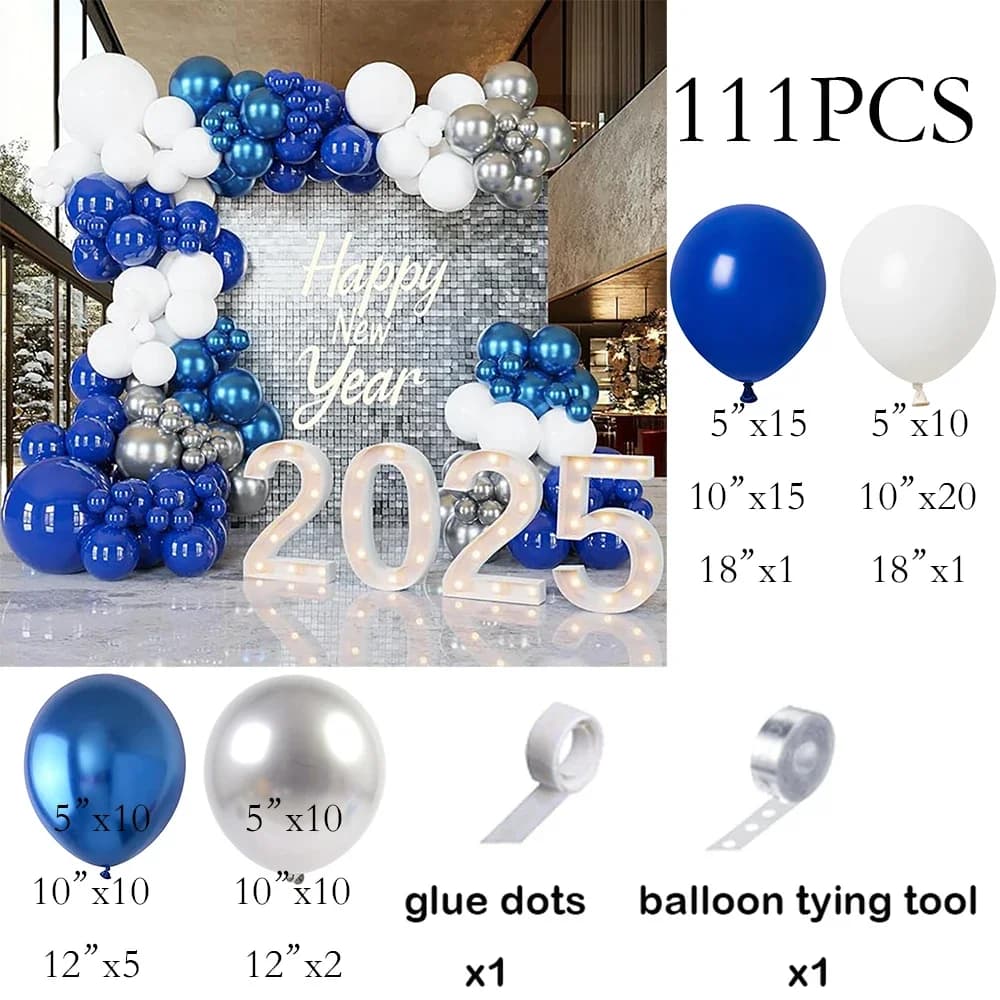 Guirlande de ballons bleus pour le Nouvel An 2025, kit d'arche de ballons bleu royal, blanc et argen