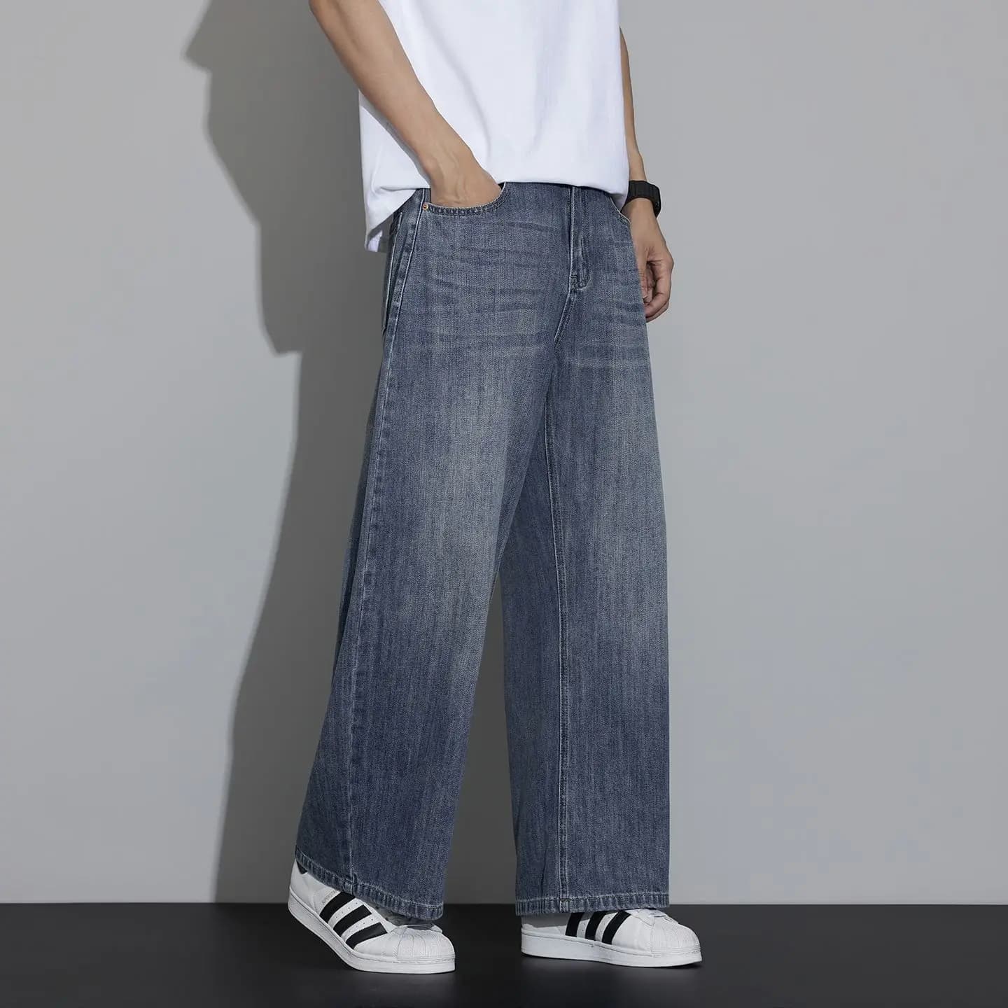 Jean pour homme Printemps 2026 Polyvalent Décontracté Délavé Coupe Droite Ample Longueur 7/8