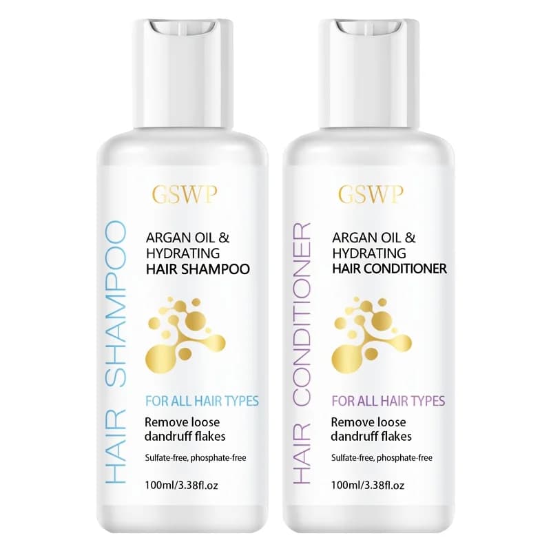Ensemble shampoing et après-shampoing hydratant à l'huile d'argan GSWP. Hydratation intense, mousse