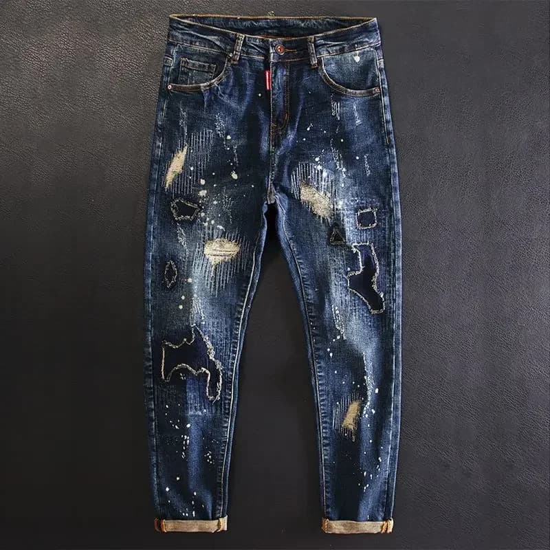 Jeans de moto en coton vintage pour hommes avec poches imprimées, pantalons de cow-boy masculins, de