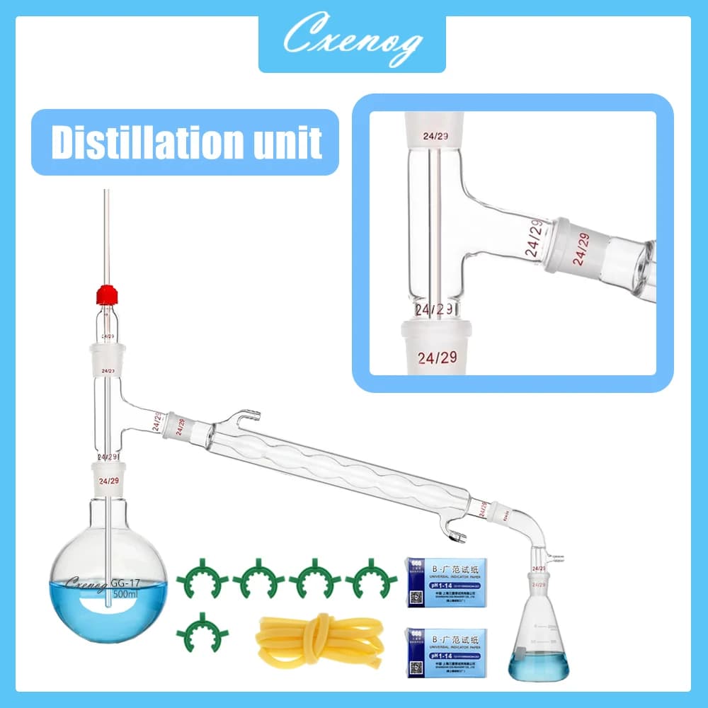 Ensemble de distillation de laboratoire de 500 ml en verre borosilicate avec joint standard 24/29, a