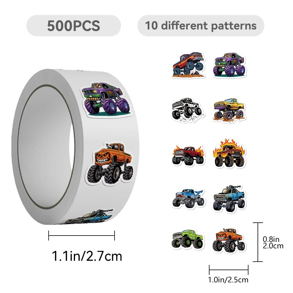 Rouleau d'autocollants enroulables Monster Truck, 500 pièces/rouleau, pour carnets, scrapbooking, jo