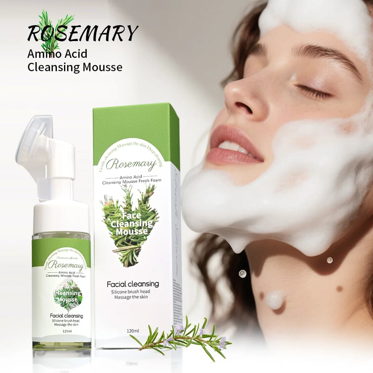 Mousse nettoyante pour le visage à l'huile essentielle de romarin, rafraîchissante et contrôlante de