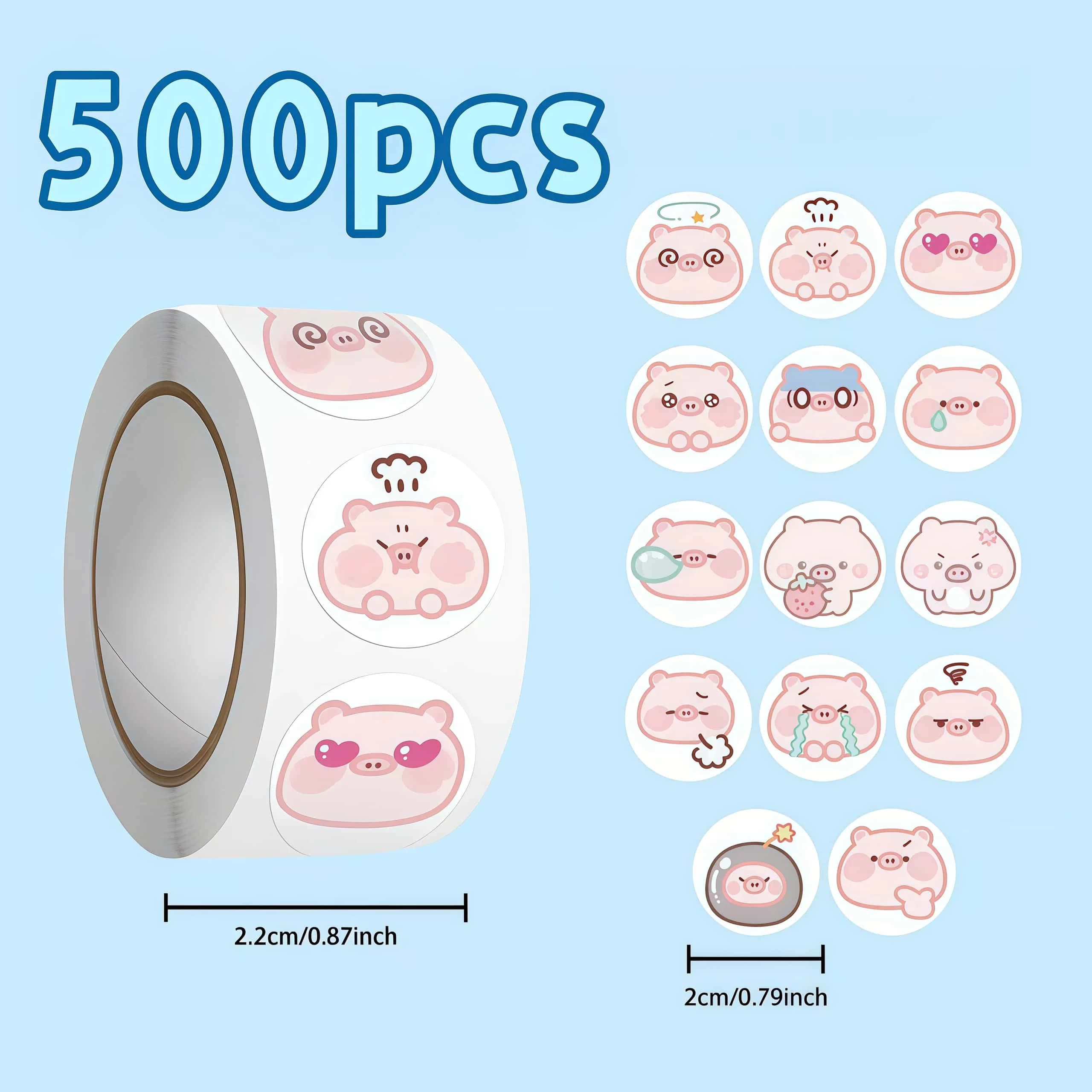 Rouleau d'autocollants cochon Kawaii, autocollants ronds d'expression mignonne pour bricolage, embel