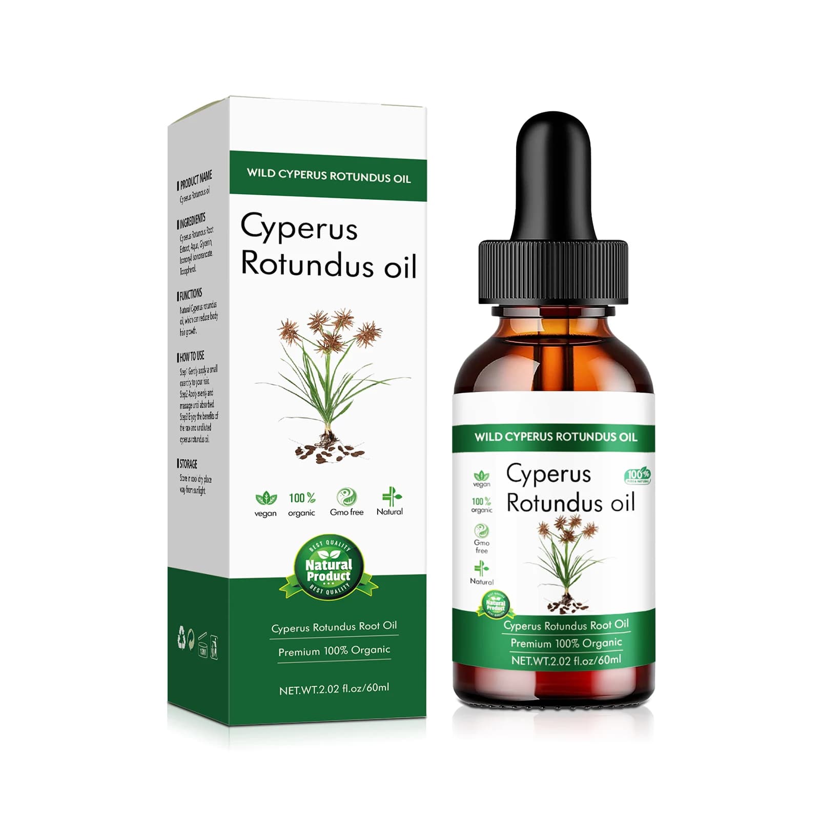 Huile de racine biologique Wild Cyrperus Rotundus (herbe aux noix) 60 ml - Huile faciale végétalienn