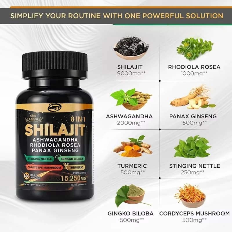 Shilajit, Aubergine sauvage d'Afrique du Sud, Rhodiola Rosea, Ginseng, Cordyceps Sinensis, Champigno
